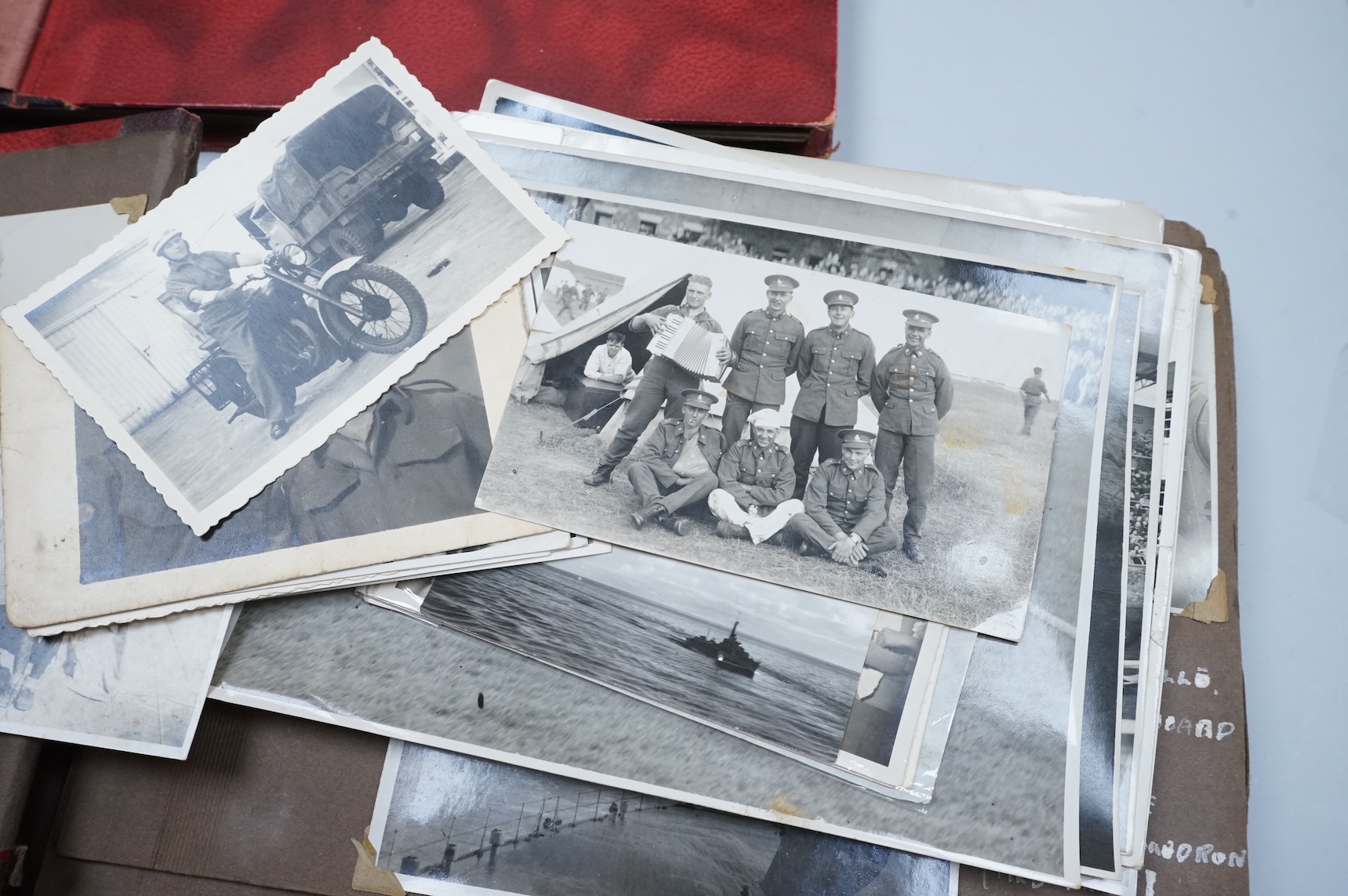 Two WWII Royal Marine related photograph albums, the images captured and collected by George Hollingdale and his brother Len Clark, Royal Sussex Regiment and Dunkirk veteran